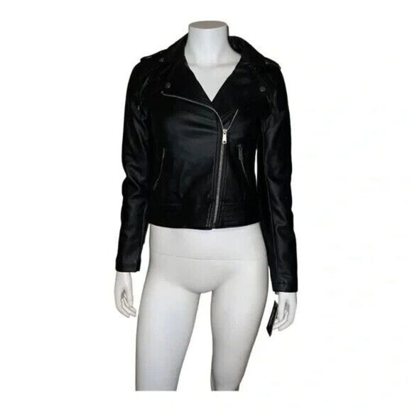 CoffeeShop Juniors Faux-Leather Fringe Moto Jacket Black Extra Small New - Picture 2 of 9